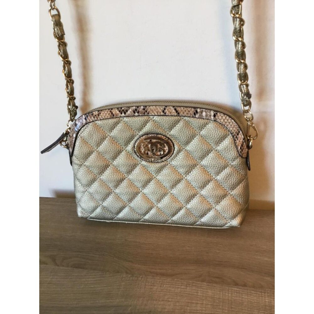 Sharif Gold Quilted Leather Crossbody Bag Snakeskin Trim Floral Interior EUC